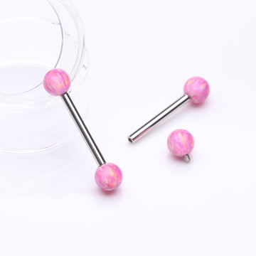 Detail View 1 of A Pair of Implant Grade Titanium Iridescent Fire Opal Ball Internally Threaded Nipple Barbell-Pink Opal